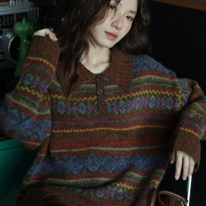 Thiened Woolen Knitted Large Sweater Travel Sle Retro Embroidery Lazy Pattern Women's Autumn Winter Faion Casual Loose Fit - AliExpress Sweaters&Jumpers