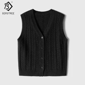Birdtree,90% Sheep Wool 10% Cashmere Knitted Vest,Woman Twisted V-neck Sweater,Single Breasted,Autumn Winter Waistcoat T5N718JF - AliExpress Sweaters&Jumpers