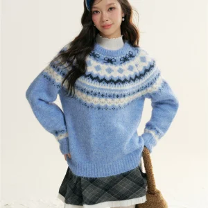 Blue Fair Isle Knit Sweater Women's Lazy round Ne Long Sve Geometric Pattern Casual Sle Winter Top 6DEWS - AliExpress Sweaters&Jumpers