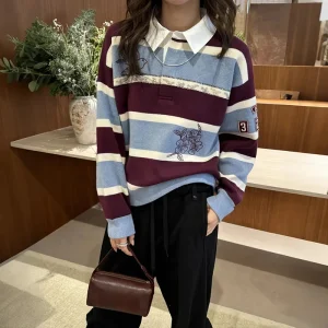 Early Spring 2026 Women's  Collar Knitted Sweater with Embroidered Camere Mixed Stripe Color Blo Design Commute Sle - AliExpress Sweaters&Jumpers