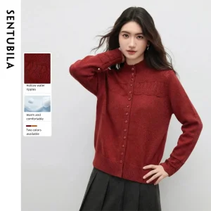 SENTUBILA Commuting Cardigan for Women 2026 Spring Wool Blend Stand Nack Hollow Wave Pattern Knitwear Women's Sweater W61EA6550 - AliExpress Sweaters&Jumpers