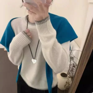 Women's Color Match round Neck Cashmere Sweater Loose Slim Contrast Pullover Autumn Winter Bottoming Coat - AliExpress Sweaters&Jumpers