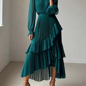 Elegant Green Ruffled Asymmetrical Tiered Evening Dress with Long Sleeves - AliExpress Sweaters&Jumpers