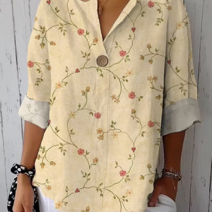 V Neck Half Sleeve Floral Regular Loose Shirt For Women, Shirts, color:Light Khaki|size:5XL, catalog Noracora shop