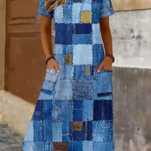 Women Abstract Summer Printing Dress Crew Neck Short Sleeve T-Shirt Dress H-Line Dress, Dresses, color:Blue|size:5XL, catalog Noracora shop