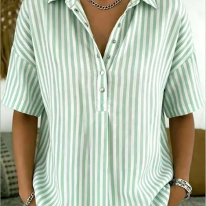 Short Sleeve Striped Regular Loose Shirt For Women, Shirts, color:Lightgreen|size:3XL, catalog Noracora shop