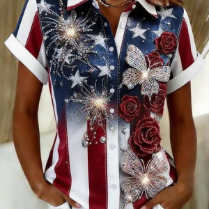 Independence Day Shirt Collar Short Sleeve Floral Printing Loose Button Up Shirt Shirt For Women, Shirts, color:As Picture|size:XXL, catalog Noracora shop