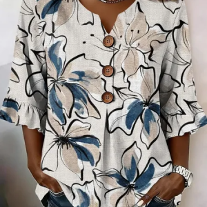 V Neck Half Sleeve Floral Printing Regular Micro-Elasticity Regular Fit Blouse For Women, Blouses, color:As Picture|size:5XL, catalog Noracora shop