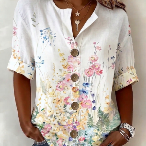 Stand Collar Long Sleeve Floral Regular Loose Shirt For Women, Shirts, color:White|size:5XL, catalog Noracora shop