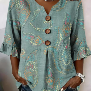 V Neck Half Sleeve Abstract Printing Regular Micro-Elasticity Regular Fit Blouse For Women, Blouses, color:Green|size:5XL, catalog Noracora shop