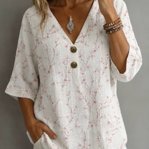 V Neck Half Sleeve Floral Regular Micro-Elasticity Loose Blouse For Women, Blouses, color:White-Pink|size:3XL, catalog Noracora shop