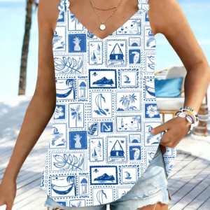 Casual V Neck Tropical Tank Top, Tanks & Camis, color:Blue|size:4XL, catalog Noracora shop