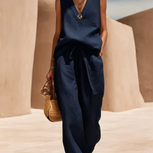Women Plain Two-Piece Set Daily Sleeveless Casual Summer Top With Pants Matching Set, Sets, color:Navyblue|size:3XL, catalog Noracora shop