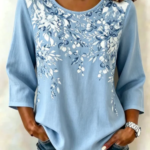 Crew Neck Half Sleeve Floral Lightweight Loose Shirt For Women, Blouses, color:Blue|size:5XL, catalog Noracora shop