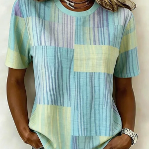 Casual Abstract Crew Neck Short Sleeve T-shirt, T-shirts, color:Blue|size:XXL, catalog Noracora shop