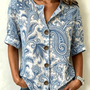 Stand Collar Three Quarter Sleeve Paisley Regular Loose Shirt For Women, Shirts, color:Apricot|size:5XL, catalog Noracora shop