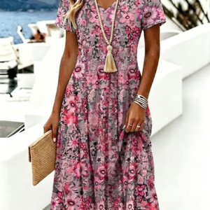 Women Floral Summer Dress V Neck Short Sleeve A-Line Dress, Dresses, color:Color2|size:5XL, catalog Noracora shop