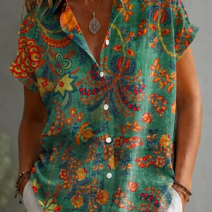 Shirt Collar Short Sleeve Floral Printing Regular Micro-Elasticity Loose Button Up Shirt Shirt For Women, Shirts, color:As Picture|size:5XL, catalog Noracora shop
