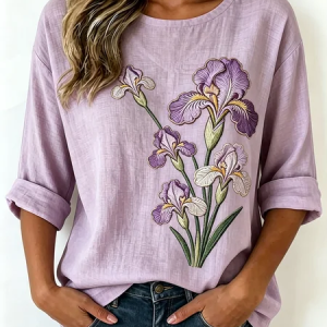 Crew Neck Half Sleeve Floral Lightweight Loose Shirt For Women, Blouses, color:Purple|size:5XL, catalog Noracora shop