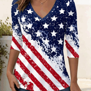 Casual America Flag V Neck Long Sleeve T-shirt, T-shirts, color:As Picture|size:4XL, catalog Noracora shop