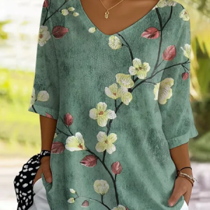 Casual Floral V Neck Short Sleeve T-shirt, T-shirts, color:Green|size:5XL, catalog Noracora shop