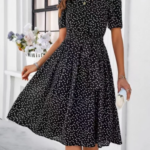 Women Polka Dots Summer Dress Crew Neck Short Sleeve A-Line Dress, Dresses, color:Black|size:XL, catalog Noracora shop