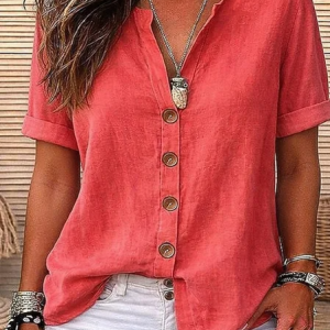 V Neck Half Sleeve Plain Regular Loose Shirt For Women, Shirts, color:Red|size:3XL, catalog Noracora shop