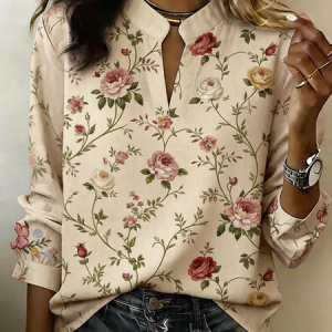 V Neck Long Sleeve Floral Printing Regular Micro-Elasticity Regular Fit Blouse For Women, Blouses, color:Apricot|size:5XL, catalog Noracora shop