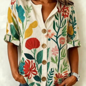 Stand Collar Three Quarter Sleeve Floral Regular Loose Shirt For Women, Shirts, color:Beige|size:5XL, catalog Noracora shop