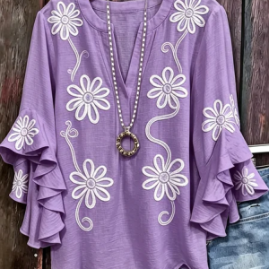 V Neck Three Quarter Sleeve Floral Regular Loose Blouse For Women, Blouses, color:Purple|size:4XL, catalog Noracora shop