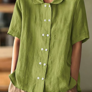 Shawl Collar Short Sleeve Plain Regular Loose Shirt For Women, Shirts, color:Green|size:XXL, catalog Noracora shop