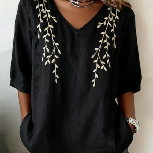 Crew Neck Half Sleeve Botanical Pattern Lightweight Loose Shirt For Women, T-shirts, color:Black|size:5XL, catalog Noracora shop