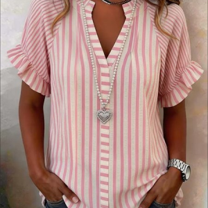 Short Sleeve Striped Lightweight Micro-Elasticity Loose Shirt For Women, T-shirts, color:Pink|size:4XL, catalog Noracora shop