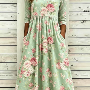 Women Floral Summer Dress Crew Neck Half Sleeve A-Line Dress, Dresses, color:Green|size:5XL, catalog Noracora shop