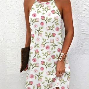 Women Floral Summer Dress Halter Neck Gallus Tank A-Line Dress, Dresses, color:White|size:4XL, catalog Noracora shop
