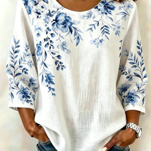 Crew Neck Half Sleeve Floral Lightweight Loose Shirt For Women, Blouses, color:White|size:5XL, catalog Noracora shop