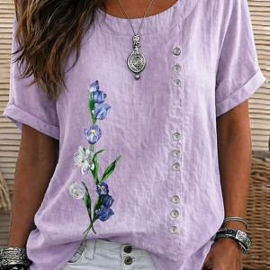 Crew Neck Short Sleeve Floral Printing Regular Micro-Elasticity Loose Shirt For Women, T-shirts, color:Purple|size:4XL, catalog Noracora shop