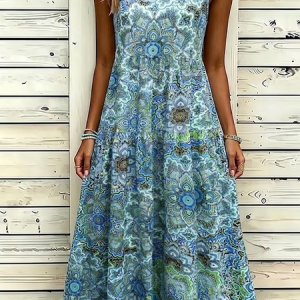Women Paisley Summer Dress Crew Neck Sleeveless Tank A-Line Dress, Dresses, color:Cyan|size:4XL, catalog Noracora shop