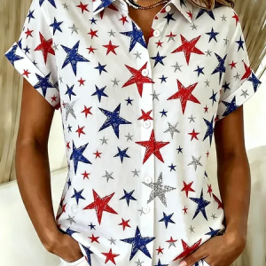 Shirt Collar Short Sleeve Star Printing Regular Micro-Elasticity Loose Button Up Shirt Shirt For Women, Shirts, color:White|size:5XL, catalog Noracora shop
