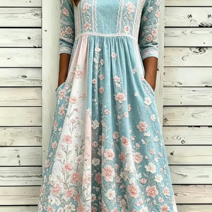 Women Floral Summer Dress Crew Neck Half Sleeve A-Line Dress, Dresses, color:Blue-White|size:4XL, catalog Noracora shop