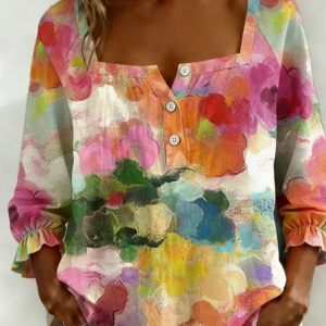 Square Neck Three Quarter Sleeve Abstract Printing Regular Micro-Elasticity Loose Blouse For Women, Blouses, color:As Picture|size:5XL, catalog Noracora shop