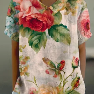 Shawl Collar Short Sleeve Floral Regular Loose Shirt For Women, Blouses, color:As Picture|size:4XL, catalog Noracora shop