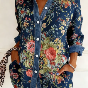 Shirt Collar Long Sleeve Floral Regular Loose Shirt For Women, Shirts, color:Denim Blue|size:XXL, catalog Noracora shop