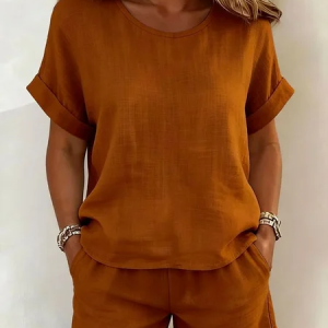 Women Plain Two-Piece Set Daily Short Sleeve Casual Summer Short Sets Matching Set, Sets, color:Light Brown|size:3XL, catalog Noracora shop