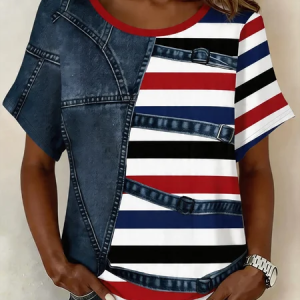 Vintage Striped Crew Neck Short Sleeve T-shirt, T-shirts, color:Denim Blue|size:3XL, catalog Noracora shop
