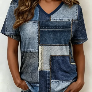 Vintage Faux Denim Print Graphic V Neck Short Sleeve T-shirt, T-shirts, color:Denim Blue|size:5XL, catalog Noracora shop
