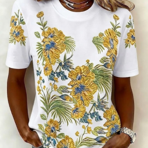 Vintage Floral Crew Neck Short Sleeve T-shirt, T-shirts, color:White|size:5XL, catalog Noracora shop