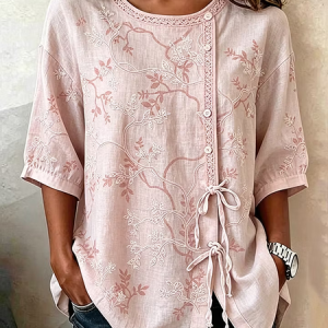 Crew Neck Half Sleeve Floral Regular Regular Fit Shirt For Women, Shirts, color:Pink|size:4XL, catalog Noracora shop