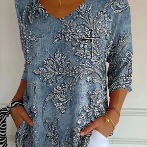 Vintage Geometric V Neck Three Quarter Sleeve T-shirt, T-shirts, color:Denim Blue|size:5XL, catalog Noracora shop