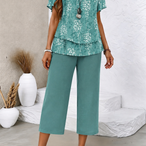 Women Floral Two-Piece Set Daily Short Sleeve Casual Summer Top With Skirt Matching Set, Sets, color:Green|size:5XL, catalog Noracora shop